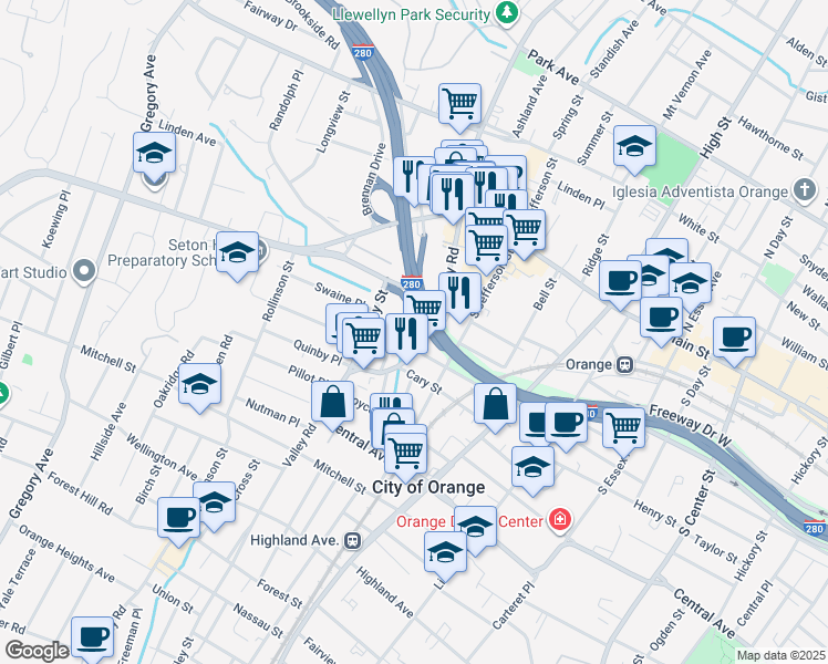 map of restaurants, bars, coffee shops, grocery stores, and more near 415 Valley Road in West Orange