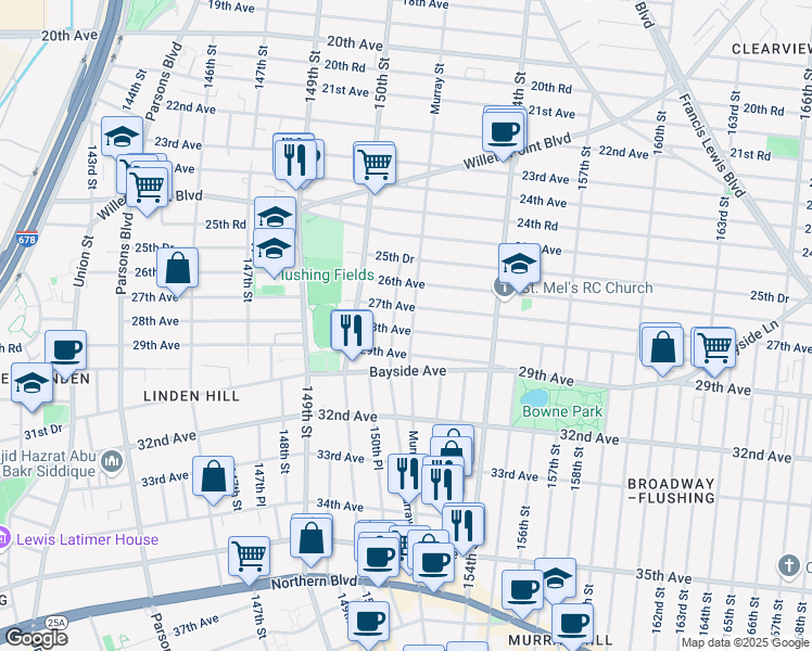 map of restaurants, bars, coffee shops, grocery stores, and more near 150-55 28th Avenue in Queens