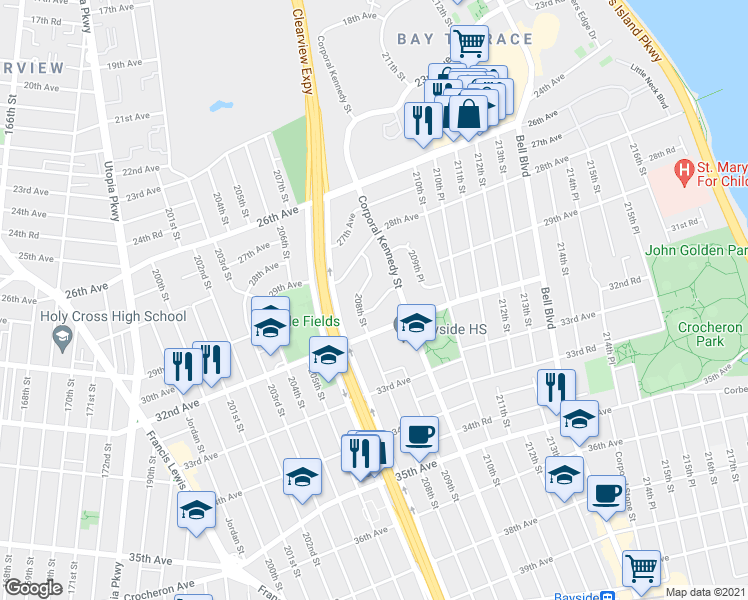 map of restaurants, bars, coffee shops, grocery stores, and more near 208-23 30th Avenue in Queens