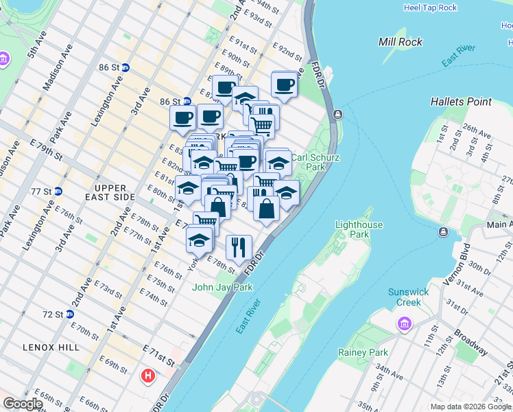 map of restaurants, bars, coffee shops, grocery stores, and more near 525 East 82nd Street in New York