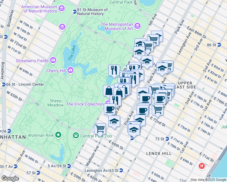 map of restaurants, bars, coffee shops, grocery stores, and more near 915 5th Avenue in New York