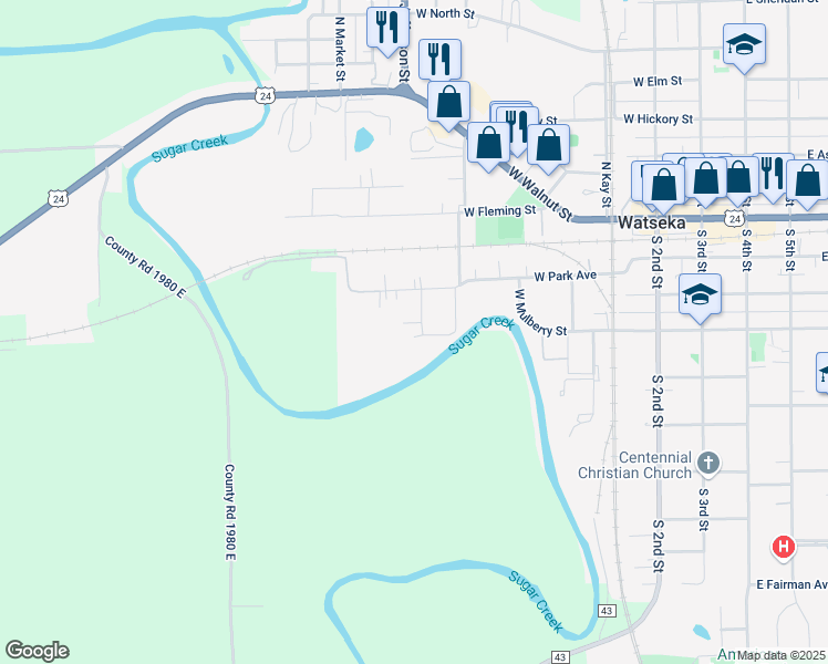 map of restaurants, bars, coffee shops, grocery stores, and more near 111 South Sheridan Avenue in Watseka