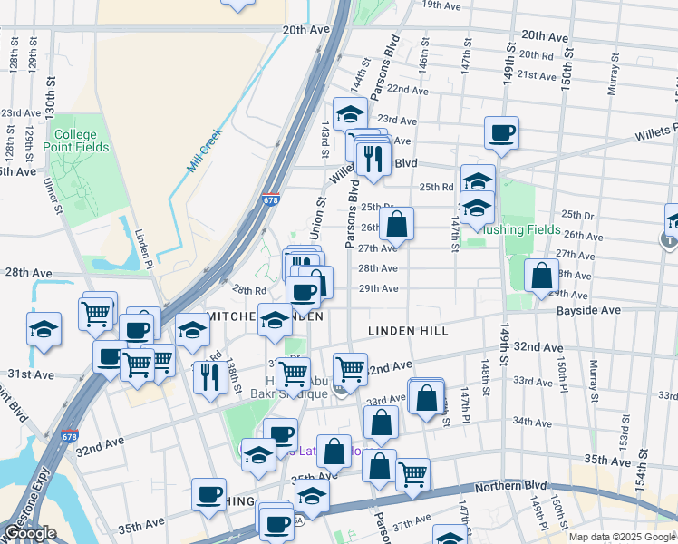 map of restaurants, bars, coffee shops, grocery stores, and more near 28-02 Parsons Boulevard in Queens