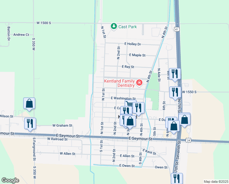 map of restaurants, bars, coffee shops, grocery stores, and more near 506 North 2nd Street in Kentland