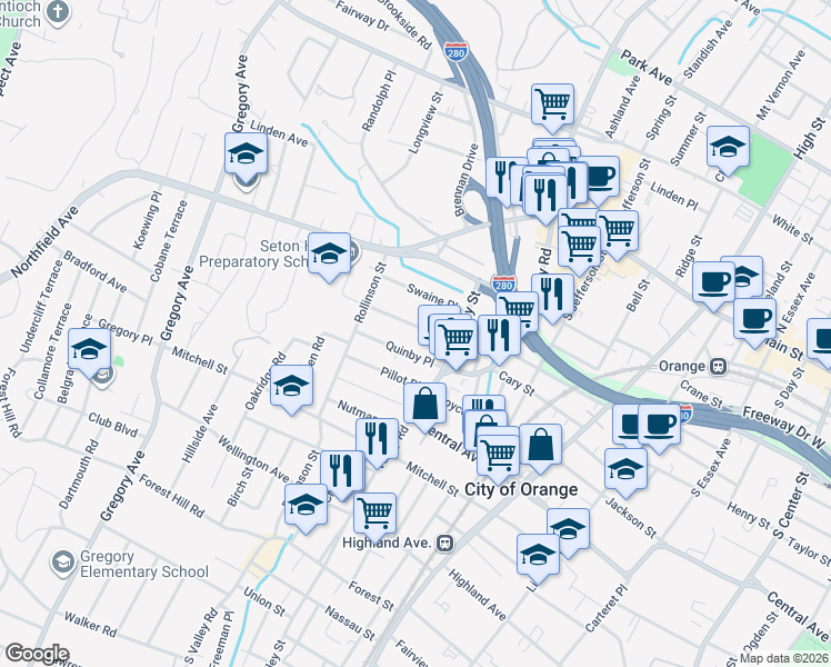 map of restaurants, bars, coffee shops, grocery stores, and more near 76 Riggs Place in West Orange