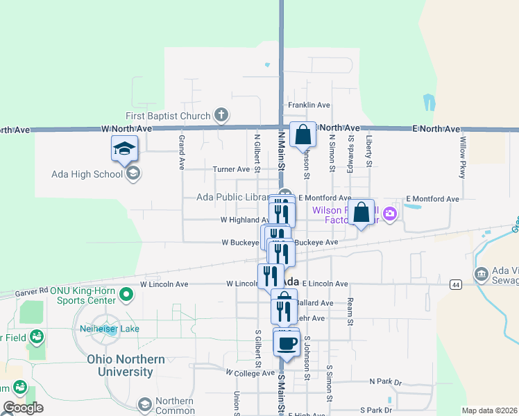map of restaurants, bars, coffee shops, grocery stores, and more near 314 N Gilbert St in Ada