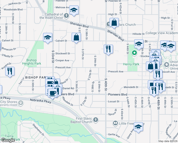 map of restaurants, bars, coffee shops, grocery stores, and more near 4010 South 37th Street in Lincoln