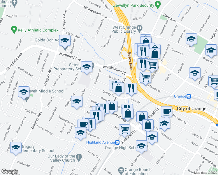 map of restaurants, bars, coffee shops, grocery stores, and more near 76 Riggs Place in West Orange