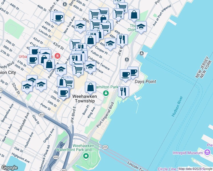 map of restaurants, bars, coffee shops, grocery stores, and more near 829 Boulevard East in Weehawken