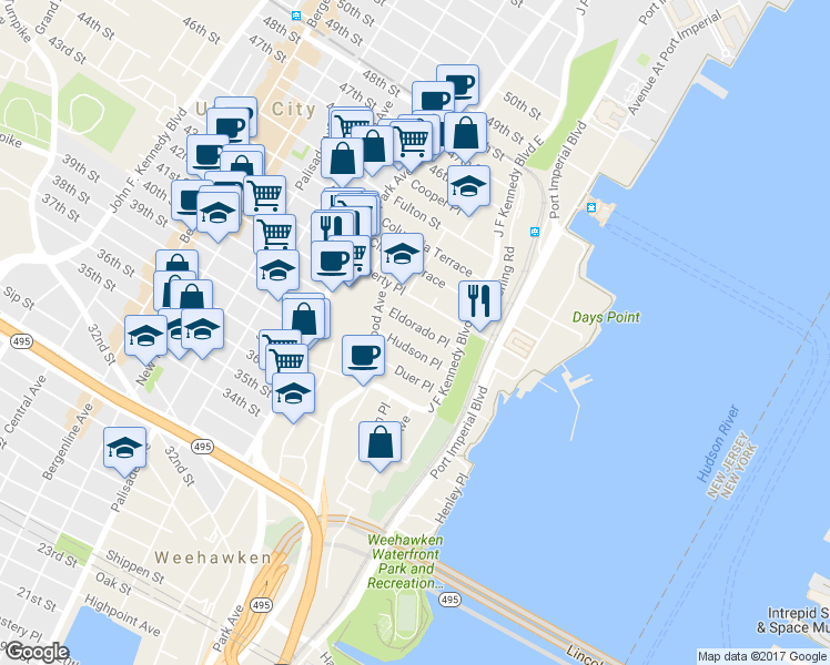 map of restaurants, bars, coffee shops, grocery stores, and more near 29 Eldorado Place in Weehawken