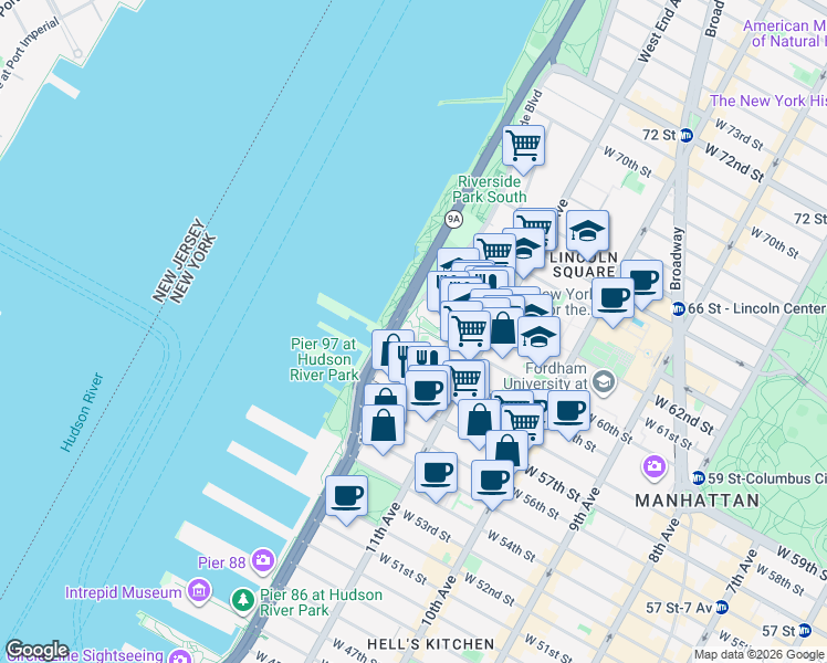 map of restaurants, bars, coffee shops, grocery stores, and more near 10 Riverside Boulevard in New York
