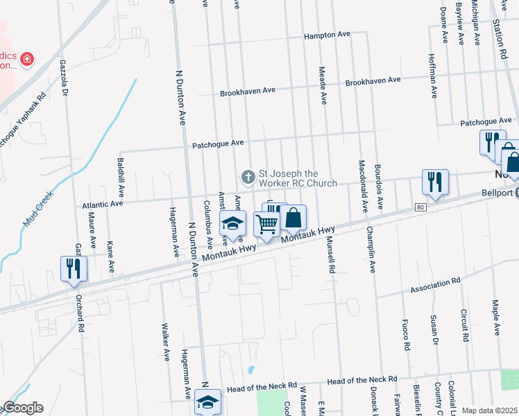 map of restaurants, bars, coffee shops, grocery stores, and more near 431 Narragansett Ave in East Patchogue