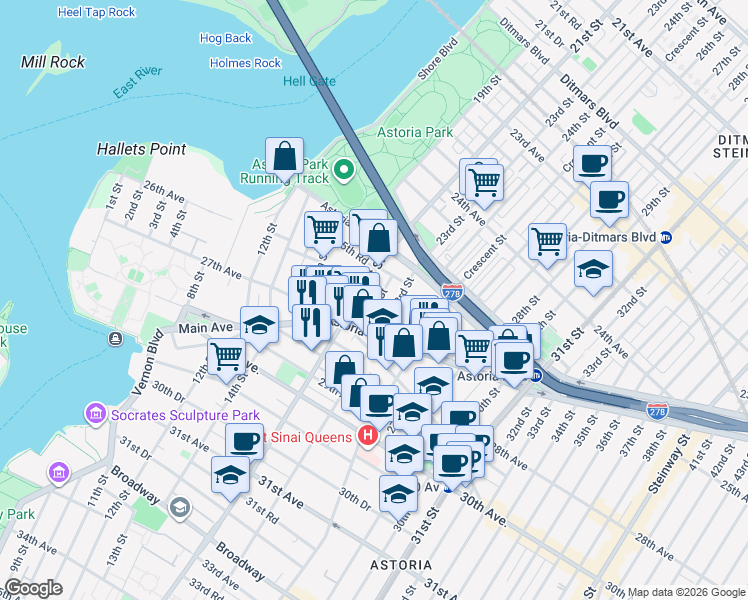 map of restaurants, bars, coffee shops, grocery stores, and more near 25-52 22nd Street in Queens