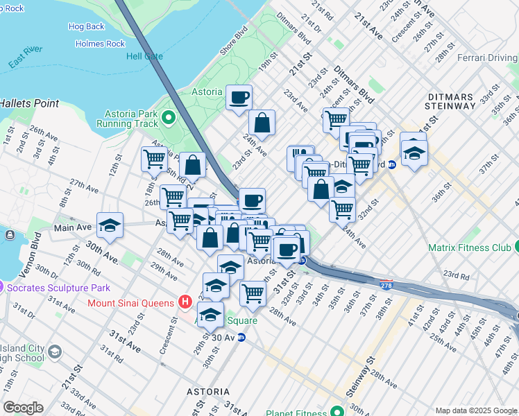 map of restaurants, bars, coffee shops, grocery stores, and more near Hoyt Ave & 26th St in Queens