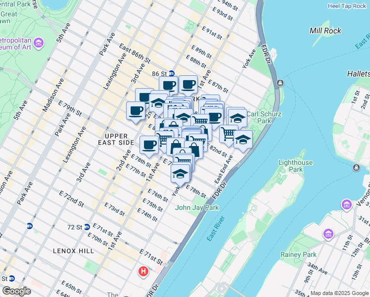 map of restaurants, bars, coffee shops, grocery stores, and more near 430 East 81st Street in New York