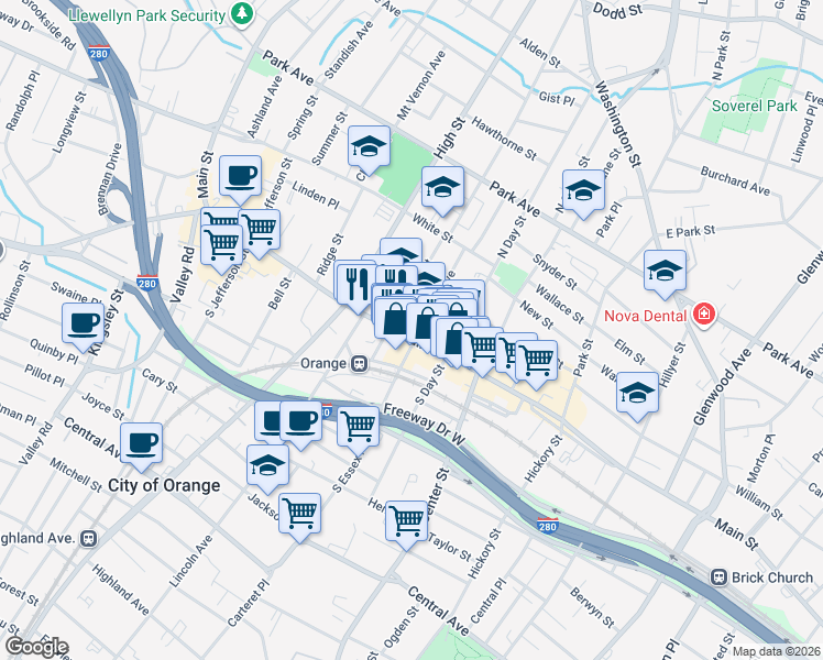 map of restaurants, bars, coffee shops, grocery stores, and more near 327 Main Street in City of Orange