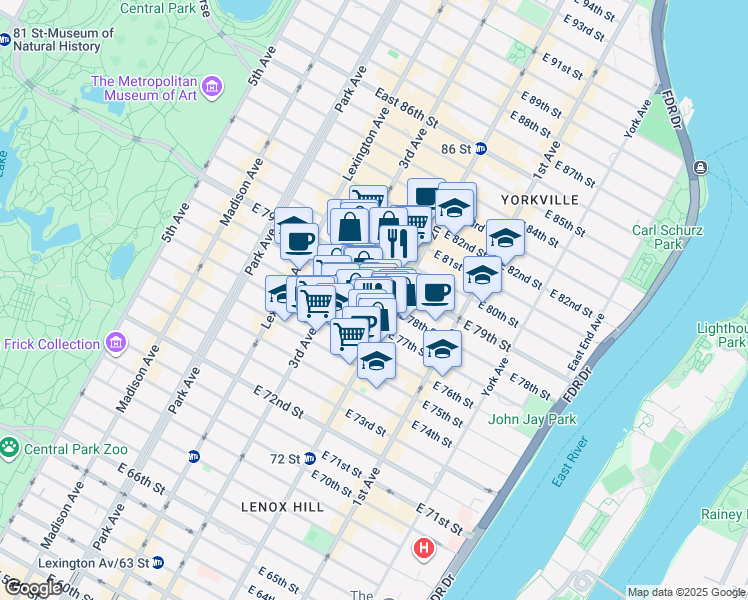 map of restaurants, bars, coffee shops, grocery stores, and more near 250 East 78th Street in New York