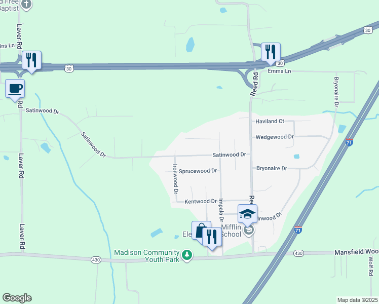 map of restaurants, bars, coffee shops, grocery stores, and more near 2229 Satinwood Drive in Mansfield
