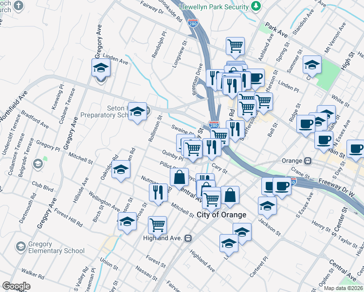map of restaurants, bars, coffee shops, grocery stores, and more near 51 Riggs Place in West Orange