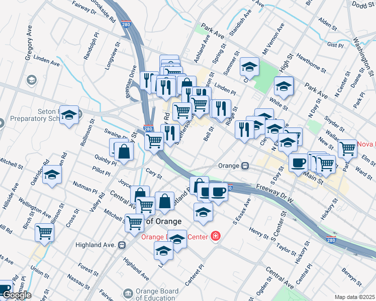 map of restaurants, bars, coffee shops, grocery stores, and more near 501 Monroe Street in City of Orange
