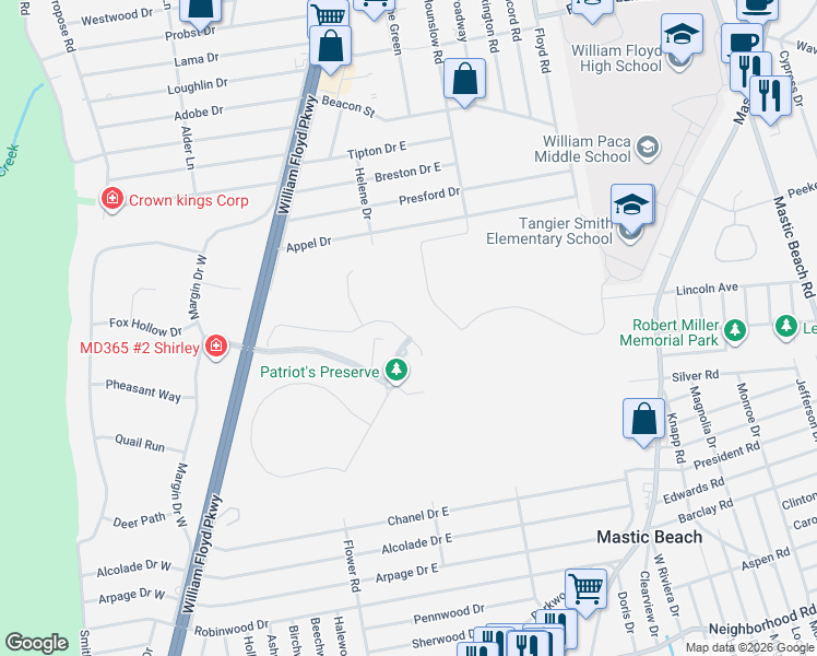 map of restaurants, bars, coffee shops, grocery stores, and more near 18 Cricket Court in Shirley