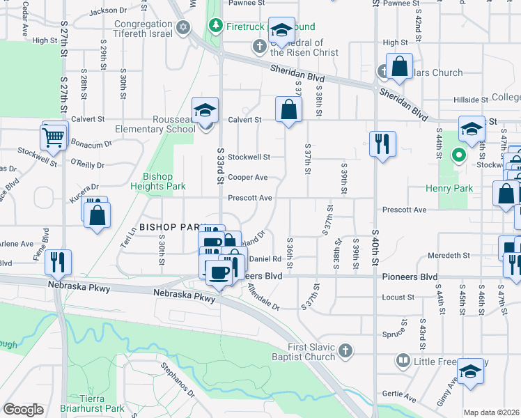 map of restaurants, bars, coffee shops, grocery stores, and more near 4010 South 35th Street in Lincoln
