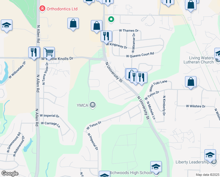 map of restaurants, bars, coffee shops, grocery stores, and more near 7018 North Willow Wood Drive in Peoria
