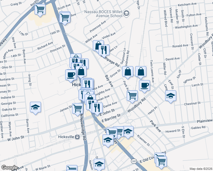 map of restaurants, bars, coffee shops, grocery stores, and more near 85 Lenox Avenue in Hicksville