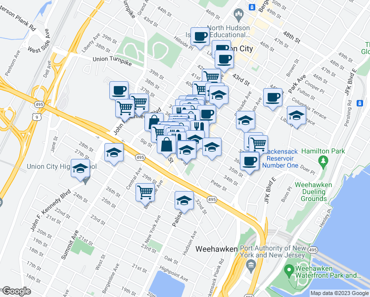 map of restaurants, bars, coffee shops, grocery stores, and more near 420 34th Street in Union City