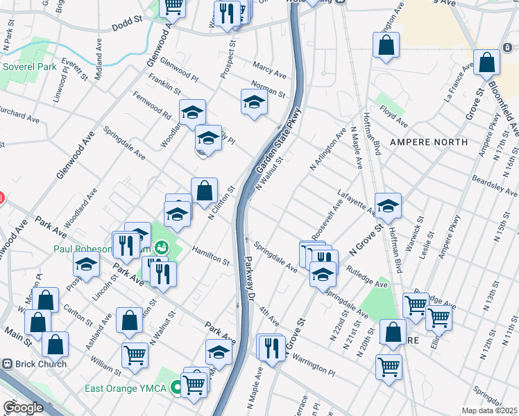 map of restaurants, bars, coffee shops, grocery stores, and more near 334 Rutledge Avenue in East Orange