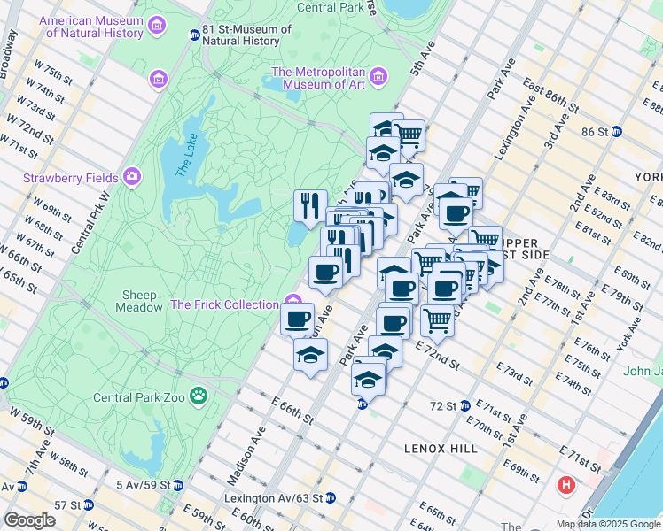 map of restaurants, bars, coffee shops, grocery stores, and more near in New York
