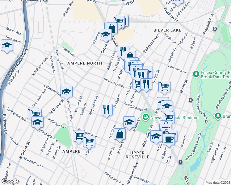map of restaurants, bars, coffee shops, grocery stores, and more near 198 North 16th Street in Bloomfield