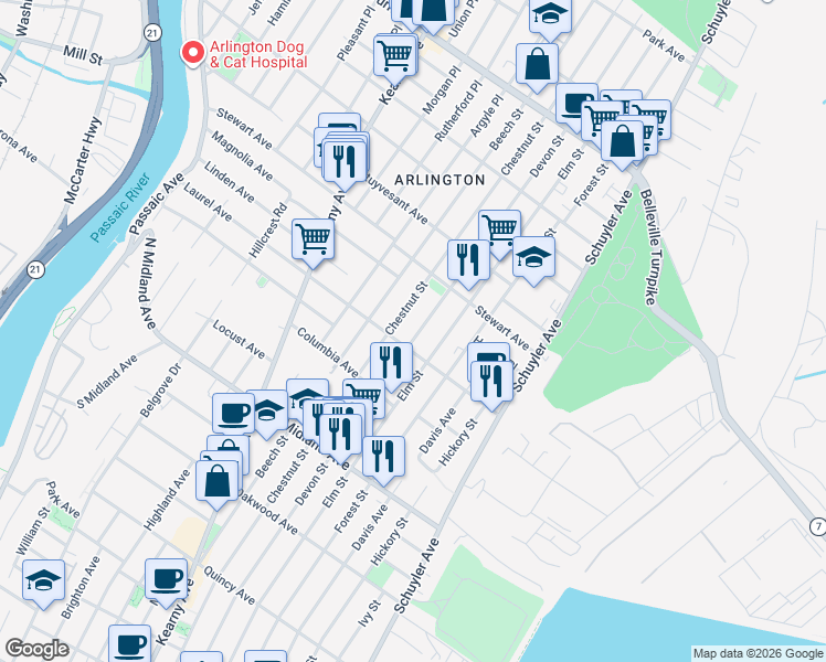 map of restaurants, bars, coffee shops, grocery stores, and more near 691 Devon Street in Kearny