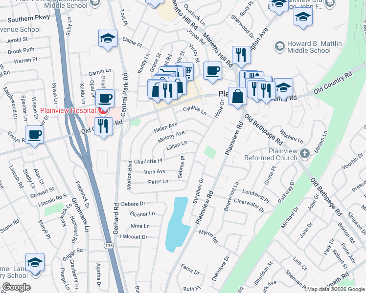 map of restaurants, bars, coffee shops, grocery stores, and more near 11 Lillian Lane in Plainview