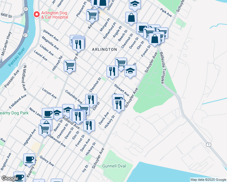 map of restaurants, bars, coffee shops, grocery stores, and more near 591 Forest Street in Kearny
