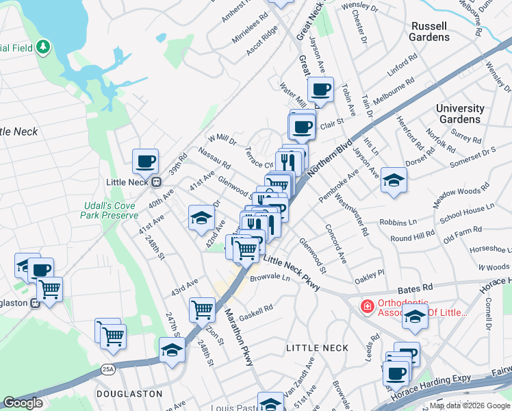map of restaurants, bars, coffee shops, grocery stores, and more near 43-04 Glenwood Street in Queens