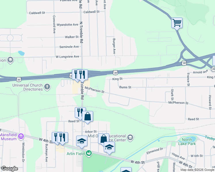 map of restaurants, bars, coffee shops, grocery stores, and more near 513 Bryden Road in Mansfield
