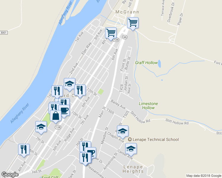 map of restaurants, bars, coffee shops, grocery stores, and more near 129 Main St in Ford City