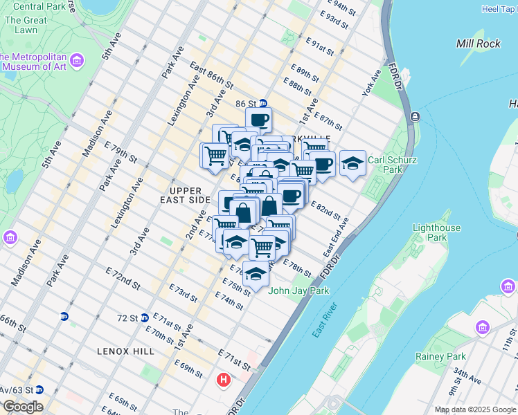 map of restaurants, bars, coffee shops, grocery stores, and more near 415-419 East 80th Street in New York