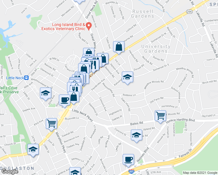 map of restaurants, bars, coffee shops, grocery stores, and more near 77 Westminster Road in Great Neck