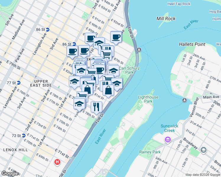 map of restaurants, bars, coffee shops, grocery stores, and more near 590 East 83rd Street in New York