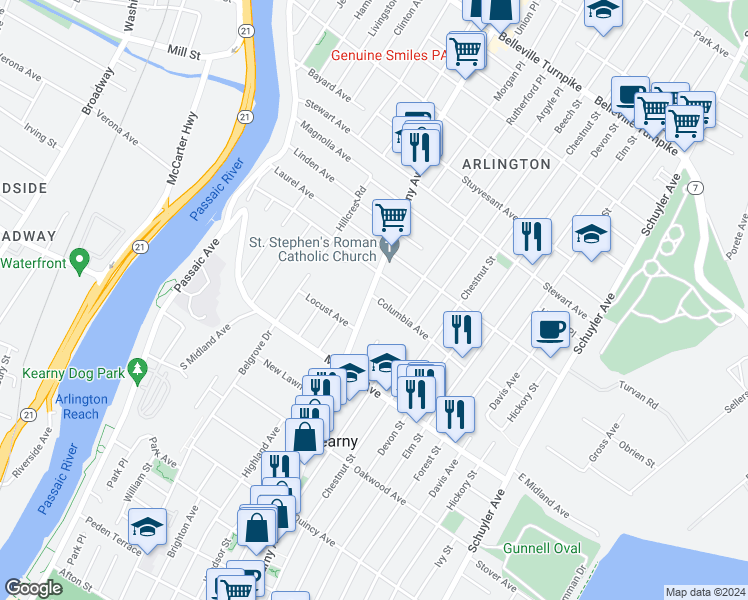 map of restaurants, bars, coffee shops, grocery stores, and more near 10 Columbia Avenue in Kearny