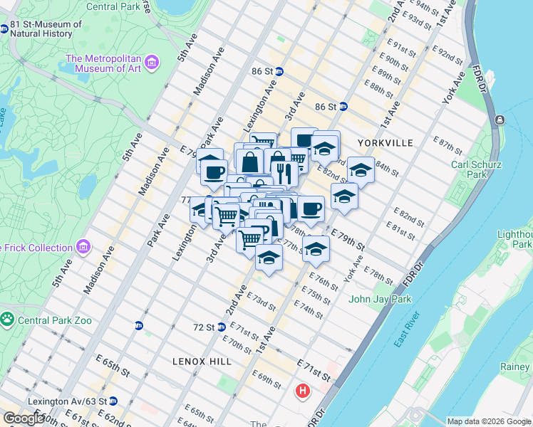 map of restaurants, bars, coffee shops, grocery stores, and more near East 78th Street in New York