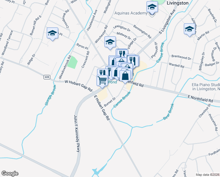 map of restaurants, bars, coffee shops, grocery stores, and more near 13 East Harrison Place in Livingston