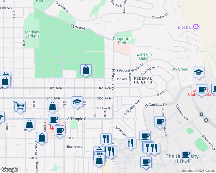 map of restaurants, bars, coffee shops, grocery stores, and more near 1203 3rd Avenue in Salt Lake City