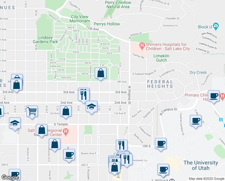 map of restaurants, bars, coffee shops, grocery stores, and more near 1153 3rd Avenue in Salt Lake City