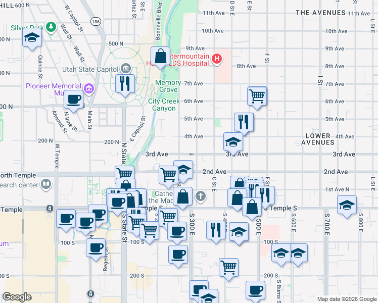 map of restaurants, bars, coffee shops, grocery stores, and more near 153 B Street East in Salt Lake City