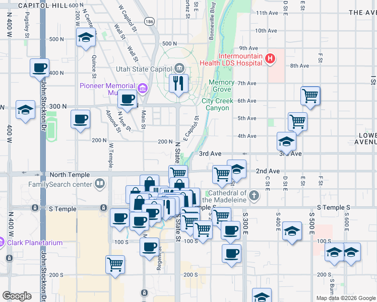 map of restaurants, bars, coffee shops, grocery stores, and more near 158 State Street in Salt Lake City