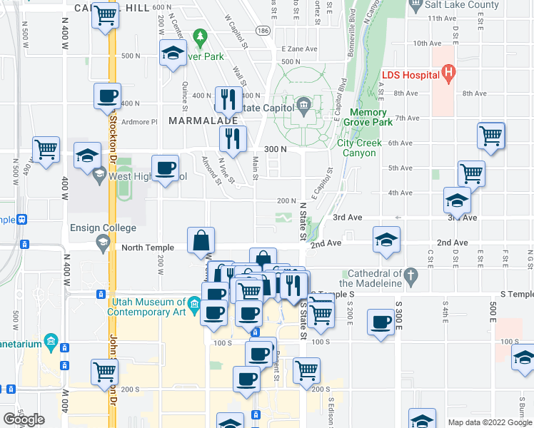 map of restaurants, bars, coffee shops, grocery stores, and more near in Salt Lake City