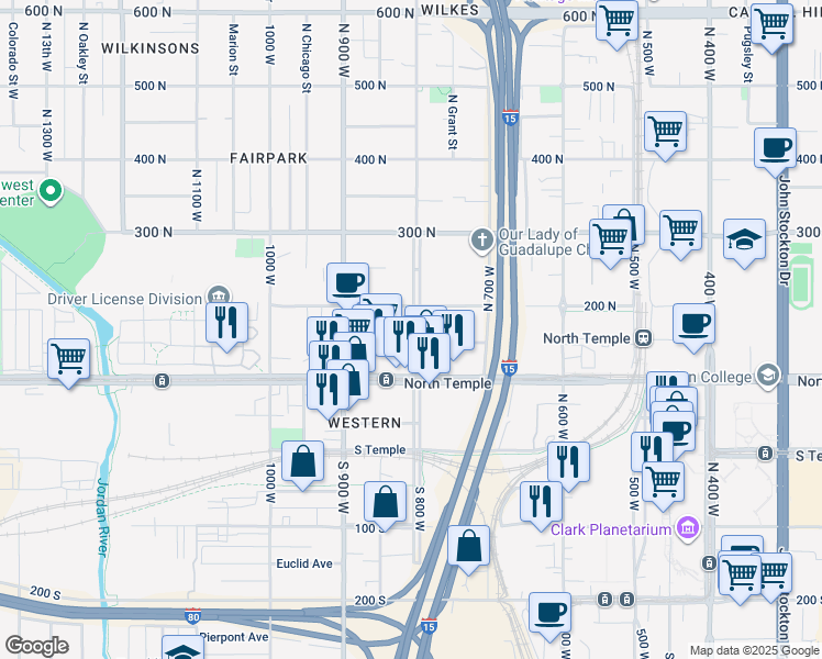 map of restaurants, bars, coffee shops, grocery stores, and more near 154 North 8th West in Salt Lake City